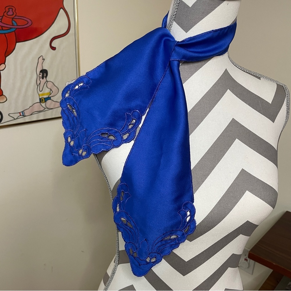 Royal Blue Silky Crocheted Pointed Neck Scarf